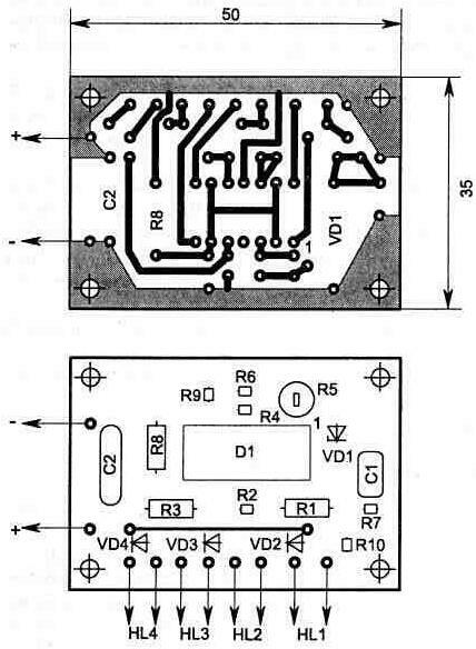 Рис. 4.10. Топология печатной платы и расположение элементов