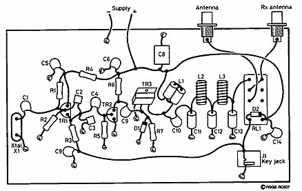 Рис. 2. Расположение деталей на монтажной плате передатчика.