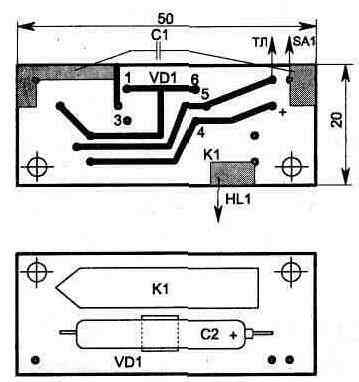Топология печатной платы и расположение элементов (С1 расположен под печатными проводниками и на рисунке не показан) 